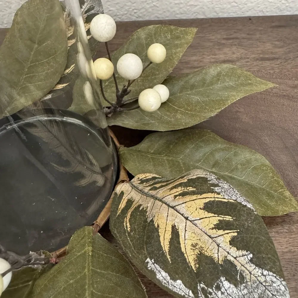 Green Wreath Holiday Berries Pillar Candle Holder